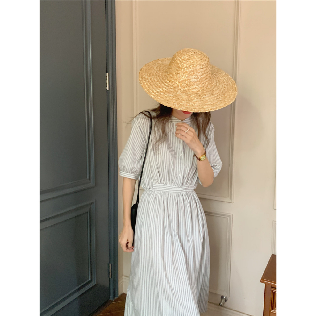 พร้อมส่ง เดรสยาวมินิมอล เดรสลายทาง กระดุมช่วงอก ใส่สบาย เอวรูดปรับได้ - รูปที่ 6