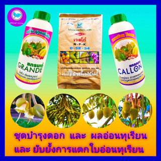 ชุด บำรุงดอก และ ผลอ่อนทุเรียน + หยุดใบอ่อนทุเรียน แคลลอน 1 L + แกรนเด้ 1L+ ปุ๋ยเกล็ด 0-52-34 1 kg ลดการหลุดร่วง สมบูรณ์