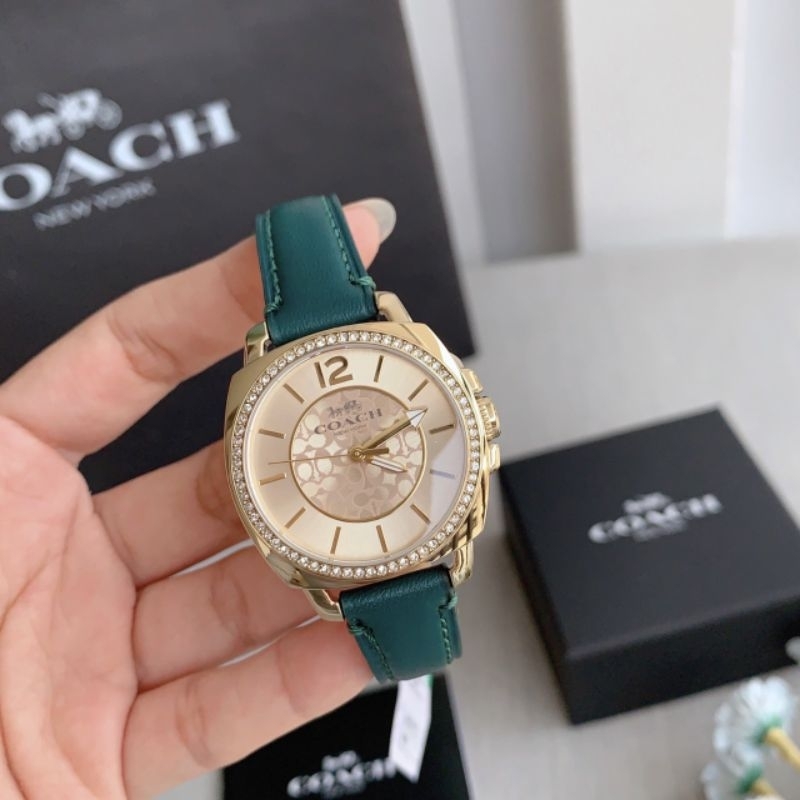 นาฬิกาข้อมือ สายหนังสีเขียว หน้าปัดสีทอง NEW Coach Boyfriend Women's Green Leather Strap Gold Watch