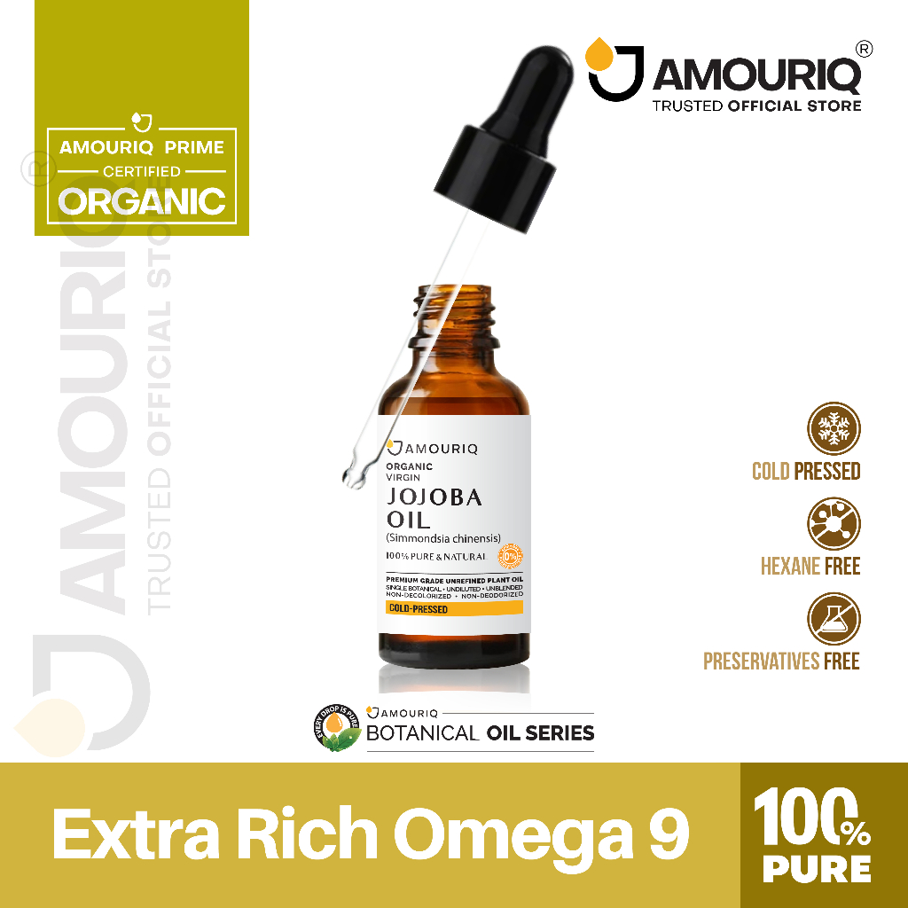AMOURIQ® น้ำมันโจโจ้บา น้ำมันโจโจบา ออยล์ ออร์แกนิก สกัดเย็น บริสุทธิ์ 100% Pure Jojoba Oil Organic Virgin Glass bottle