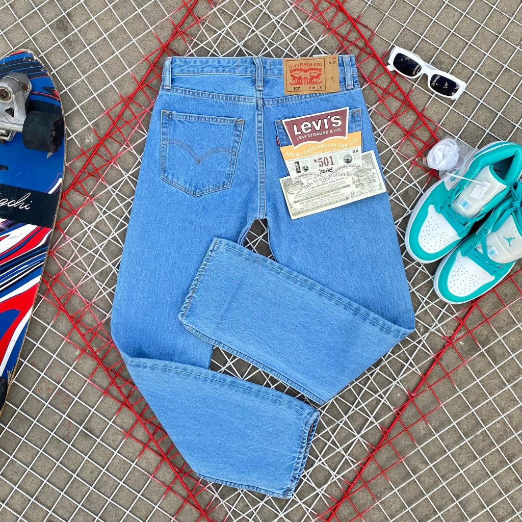 L-e-v-i-'s Big E 501 red line blue Made in U-S-A