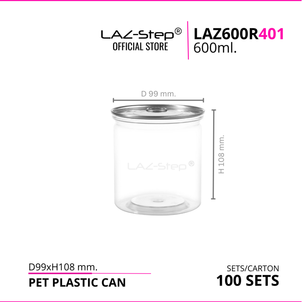 LAZ-Step กระป๋องพลาสติกฝาดึง PET LAZ600R401 ขนาด 600 ml. บรรจุลังละ 100 ชุด ต้องปิดด้วยเครื่องปิดฝากระป๋