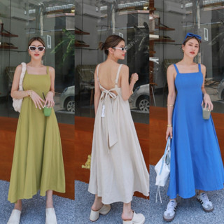 Nudeaholic 💚💙 9679  ชุดเดรสสายเดี่ยว ผูกหลัง เนื้อผ้าลินิน ใส่สบายมากๆค่า summer นี้ต้องมีแล้วน้า