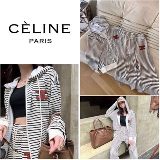 ชุดเซ็ต Celine เสื้อคลุมแขนยาวลายขวางมีฮู้ด + กางเกงขายาว แต่งโลโก้หนังสีน้ำตาล CELINE