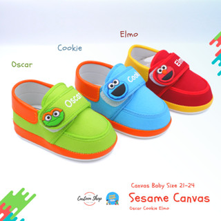 รองเท้าผ้าใบ สำหรับเด็ก ผ้าแคนวาส Canvas สีสันสดใส ลายการ์ตูนน่ารัก Cookie Oscar Elmo  มอนสเตอร์คุ๊กกี้ ออสการ์ แอลโม่