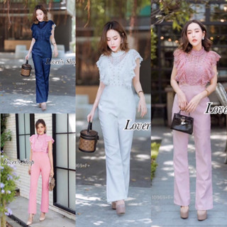 Jumpsuit จั้มสูทลูกไม้ระบายคอปีน ตัดเย็บช่วงกางเกงสีพื้นผ้าซาร่า มีซิปหลัง