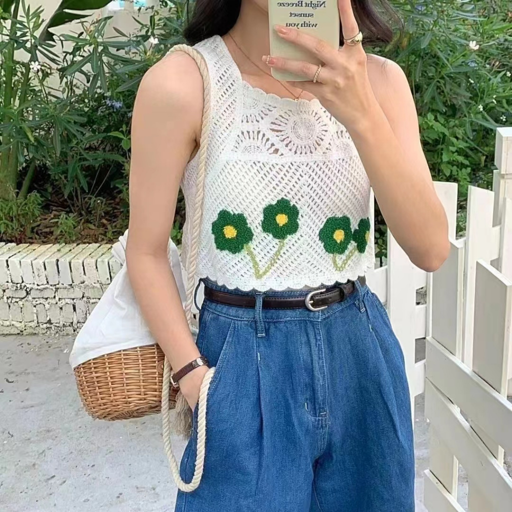 065#เสื้อกล้ามถักไหมพรม ดีลายดอกไม้ น่ารักใส่ ธรรมดามาก 2 สี - รูปที่ 2