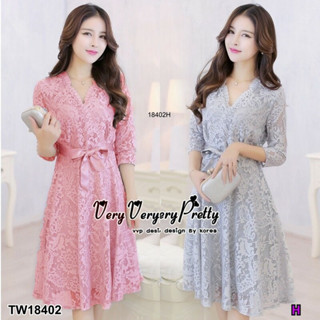 MM18402 เดรสลูกไม้ คอวีแขนศอก ผูกริบบิ้น Lace dress, V-neck, elbow sleeves, ribbon tie