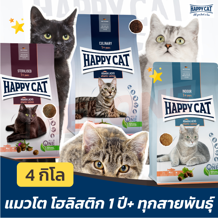 Happy Cat Supreme อาหารแมว Indoor เลี้ยงในบ้าน Sterilised ทำหมัน Atlantik Lachs กิจกรรมเยอะ 4kg