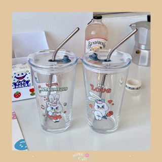 [พร้อมส่ง] INS style cute rabbit แก้วน้ำ มีฝาครอบ + แถมหลอด!