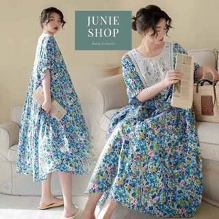 JUNIE SHOP เดรสเกาหลี เดรสผ้าลายดอกยาว แต่งลูกไม้หน้า มีเชือกผูกเอว