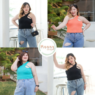 🍭Moonyshop🍭เสื้อครอปสาวอวบ แต่งสายคล้องคอ Crop Top Plussize ใส่ไม่ได้เปลี่ยนได้ #514