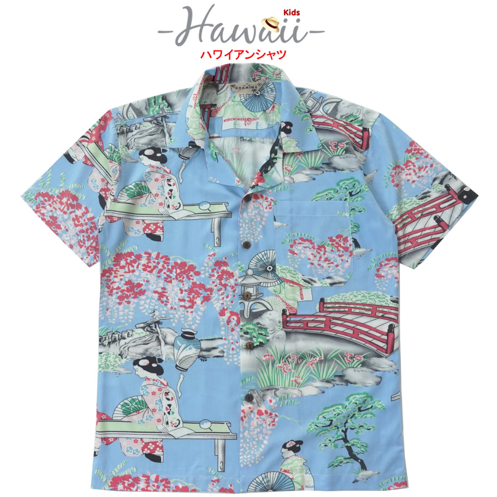 Roaming HR26 เสื้อฮาวายญี่ปุ่น ผ้าเรยอนญี่ปุ่น เสื้อครอบครัว Hawaiian aloha Shirts (กิมโมโนฟ้า)