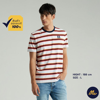 Mc JEANS เสื้อยืดแขนสั้น ผู้ชาย เสื้อยืด แม็ค แท้ คอกลม ลายทางสีขาว ผ้านุ่ม ระบายอากาศได้ดี MTSZ688