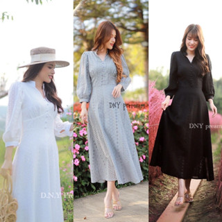 ชุดดำ maxi dress  เนื้อผ้าcotton ฉลุลายดอก ดอกแน่นๆหนักๆนุ่มๆทรงคอจีนสีดำ