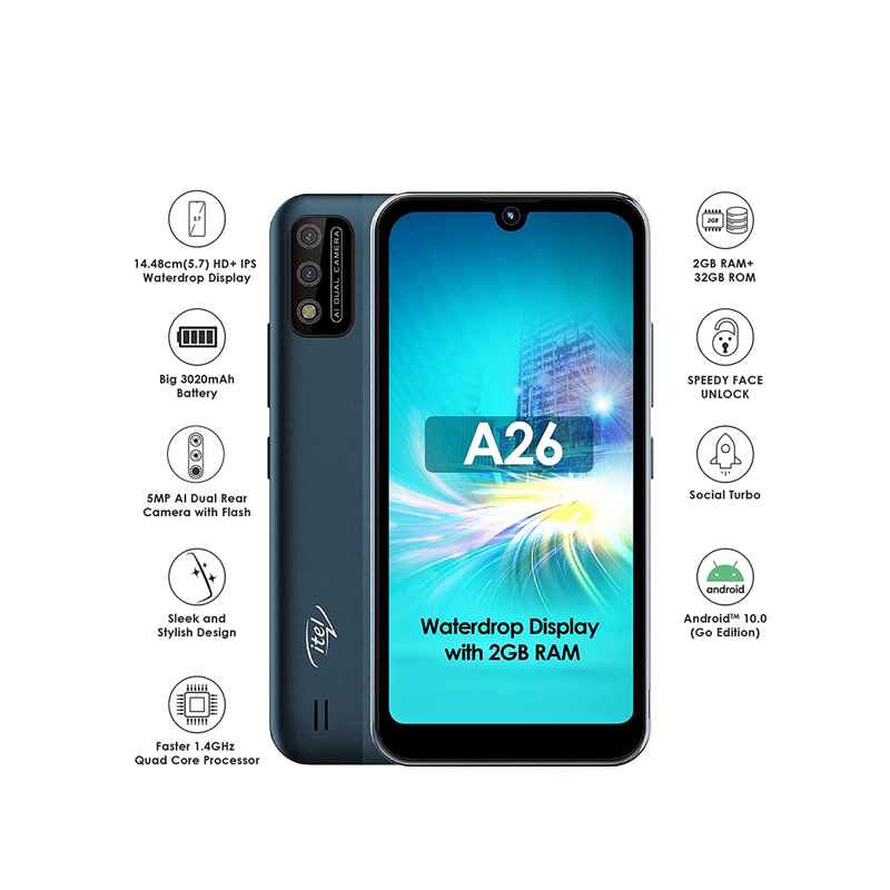 ITEL A26 (2/32GB) 4G เครื่องศูนย์ไทย มือถือจอใหญ่ 5.71 นิ้ว แบตเตอรี่ 3020 mAh กล้อง 5MP ปลดล็อกด้วย