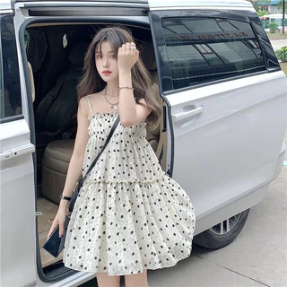 Beryl🌻เดรส🍄กระโปรงไปทะเล, เที่ยวทะเล กันลมน่ารัก เดรสสายเดี่ยวลายดอกไม้ ระบายอากาศและเย็นสบาย กระโปรงตูตูทรงหลวม