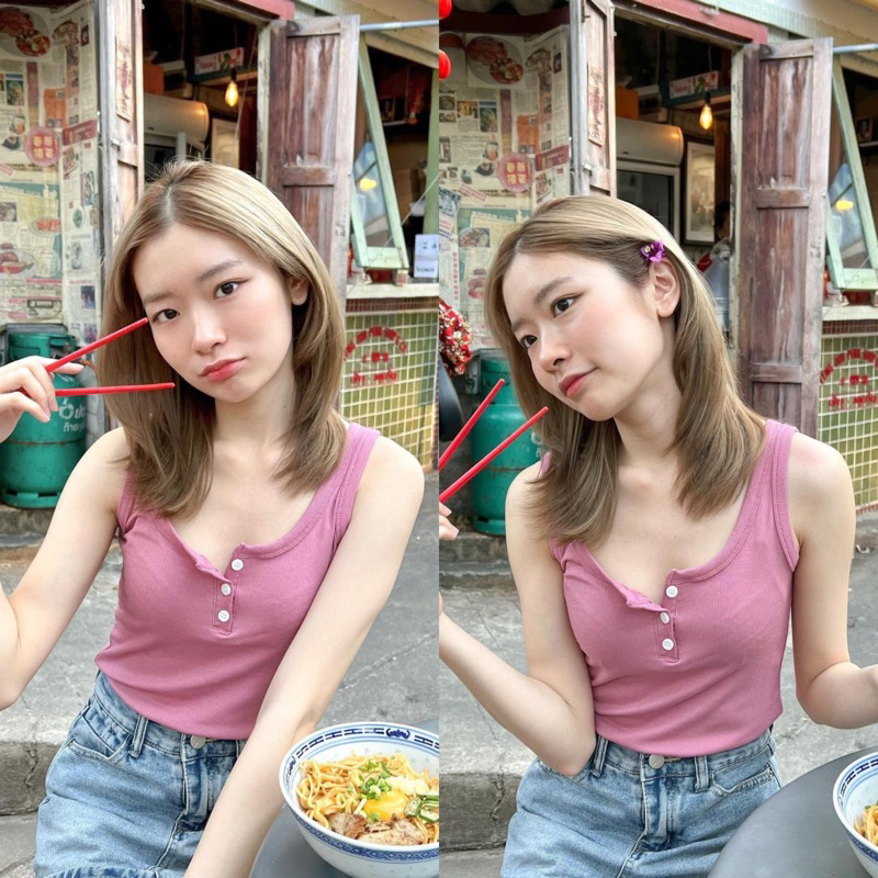 พร้อมส่ง Bun tank top เสื้อกล้ามผ้าร่องกระดุม