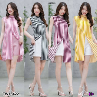 MM18422 set 2 ชิ้น เสื้อแขนกุดลายทาง ผ่าหน้า + กางเกงขาสั้น .Set of 2 pieces. Sleeveless shirt with front cut + shorts..