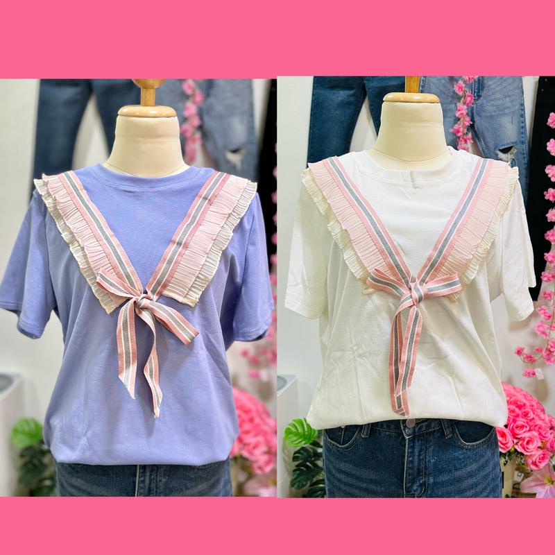 เสื้อยืดคอกลม แขนสั้น ดีเทลผูกโบว์แต่งระบาย มี 2 สี ขนาดฟรีไซส์