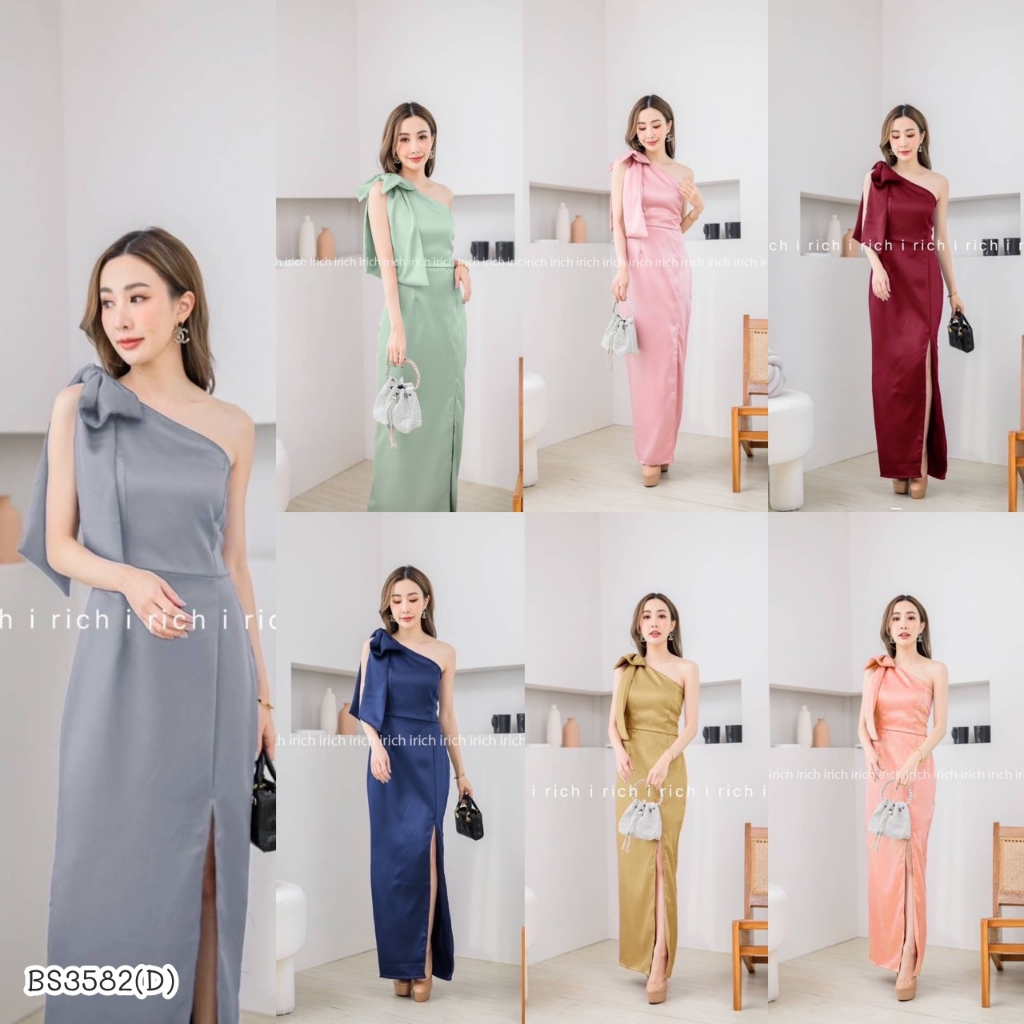 BS3582 เดรสยาวออกงานไหล่เบี่ยง แต่งโบว์ไหล่ ชายแต่งแหวกผ่าข้าง