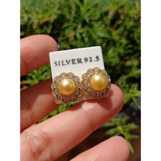 ต่างหูSea Pearl มุกเลี้ยงน้ำเค็มสีทองเข้ม เกรด AAAA+ (ไม่ทริตเมนต์) มุกสวยจัด ทรงกลม