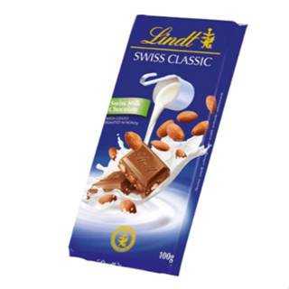 LINDT SWISS MILK CHOCOLATE WITH ALMONDS BAR 100g. ลินด์ สวิส ช็อกโกแลตนมผสมอัลมอนด์บาร์ 100กรัม