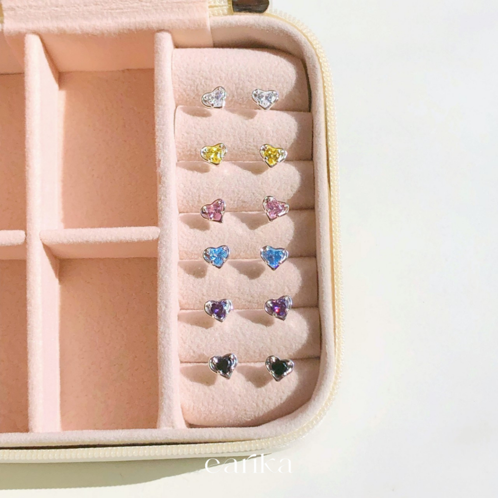 earika.earrings - jewel lev stud ต่างหูแป้นหัวใจเพชรก้านเงินแท้ชุบทองคำขาว (มีให้เลือก 6 สี) เหมาะสำหรับคนแพ้ง่าย