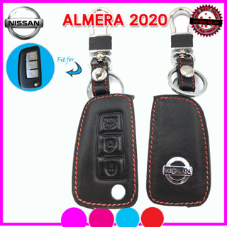 ปลอกกุญแจรถยนต์นิสสัน Nissan Almera ปี 2020 เคสหนังแท้หุ้มรีโมทกันรอย ซองหนังแท้ใส่กุญแจกันกระแทกสีดำด้ายแดงงานพรีเมี่ยม