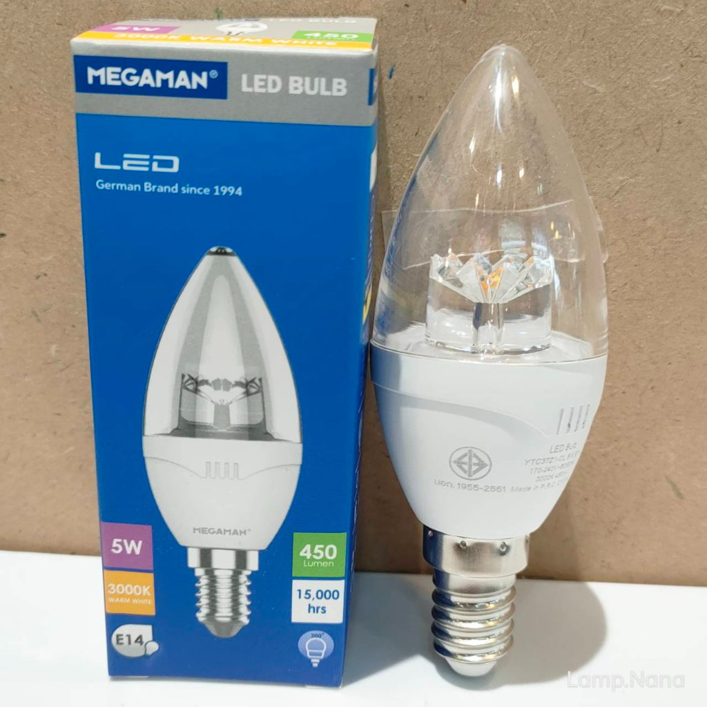 หลอดแอลอีดีทรงจำปา ใส 5W WW 3000K E14 Megaman แบรนด์เยอรมัน