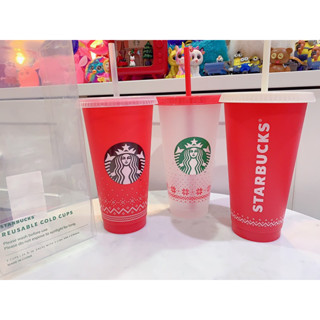 Starbucks Korea 🌟Reusable cold cups แก้วรียูส สำหรับเครื่องดื่มเย็น จำนวน 3 ใบ ขนาด 709 ml. พร้อมฝาปิด+หลอด