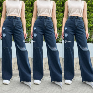 TwiceJeans มีไซส์ใหญ่ S-5XL ยีนส์ทรงกระบอก เอวสูง ยีนส์ขาด สีดำฟอก