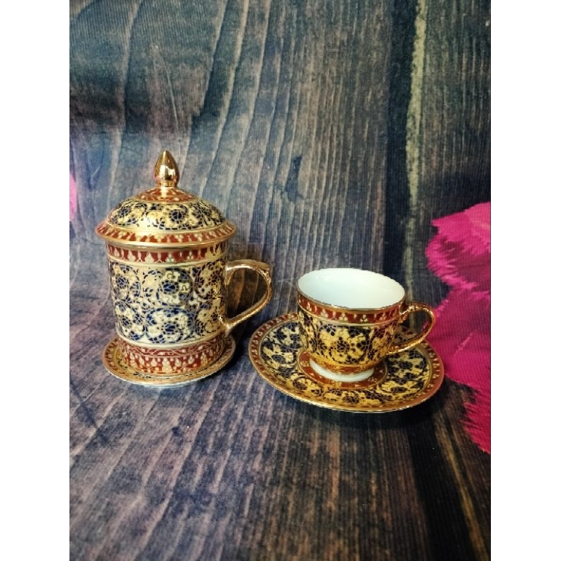แก้วมัค ถ้วยกาแฟ เบญจรงค์ถมทอง