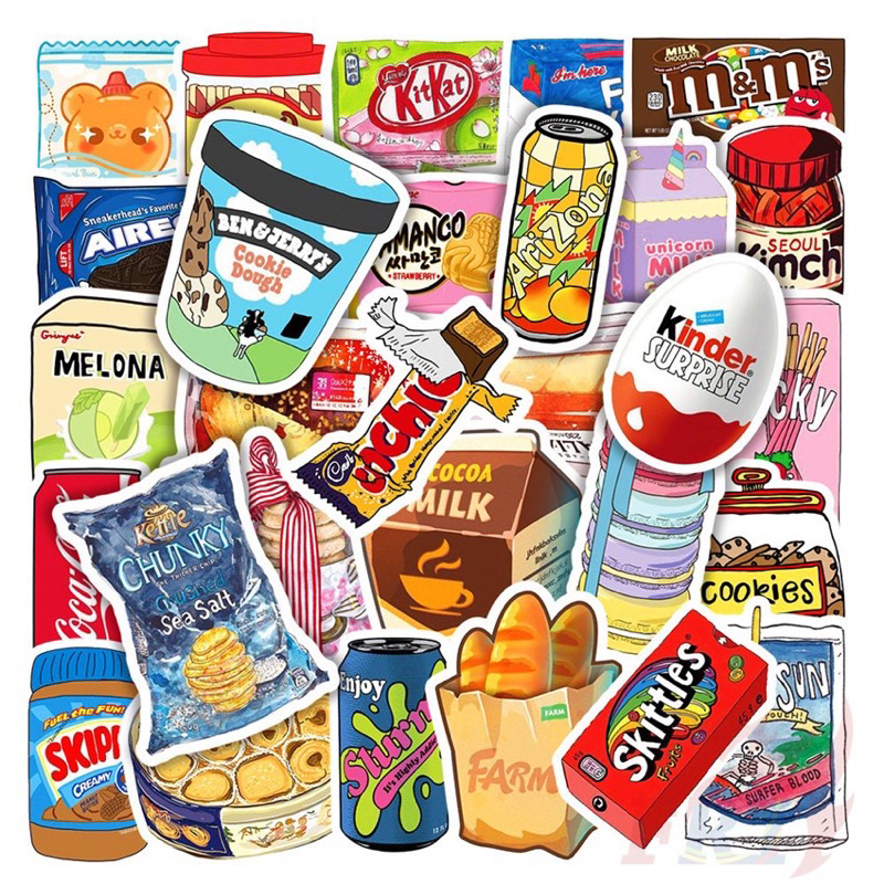 พร้อมส่ง สติ๊กเกอร์ขนม 50 ชิ้น PVC กันน้ำ สติ๊กเกอร์ไดคัท สติ๊กเกอร์การ์ตูนน่ารัก แปะเคส แปะไดอารี่
