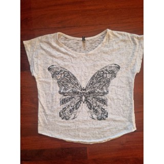 richcoco เสื้อซีทรู ผีเสื้อดำ เสื้อยืดเว้าเอว มือ2 ลายผีเสื้อ ครอป คร๊อป