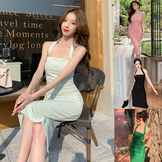 900Shop📌ชุดเดรสยาวเข้ารูปสายคล้องคอ สีพื้น 8 สี