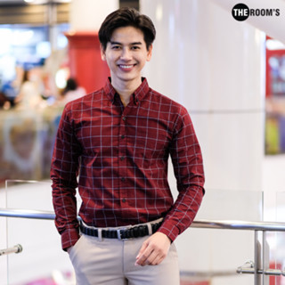 เดอะรูม THE ROOMS เสื้อเชิ้ตคอปกแขนยาวลายตาราง ผ้าอ็อกฟอร์ด ทรงสลิม สไลต์วินเทจ สีแดงเข้ม
