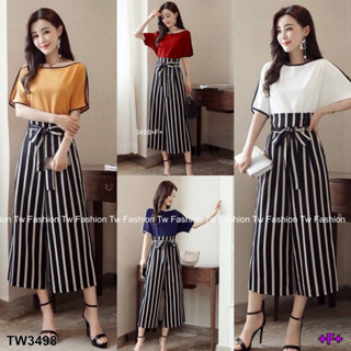 W3498 Set 2 ชิ้น เสื้อกุ้นขอบ ผ่าแขน ผ้า 4way+กางเกงขายาว