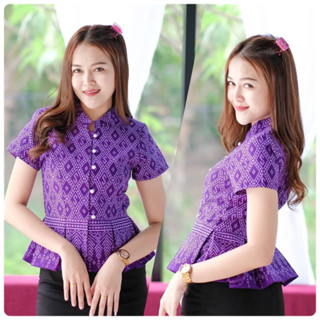 เสื้อลายขิดสีม่วง คอจีนชายระบาย