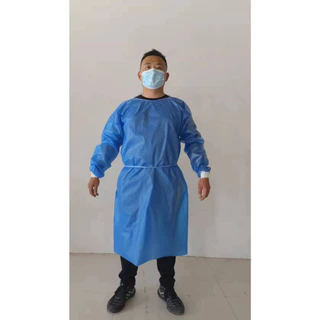 ISOLATION GOWN PP+PE เสื้อกาวน์กันน้ำ แขนจั๊มพ์ยางยืด ป้องกันสารคัดหลั่ง สีน้ำเงิน 50แกรม เคลือบกันน้ำ แพค1ต่อ1