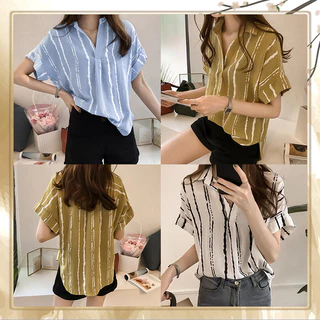 QKshop มาแรง🎊 เสื้อเชิ้ตสตรีแขนสั้นรุ่นใหม่ เสื้อผู้หญิงแต่งลายทางสุดเก๋ สาวออฟฟิศห้ามพลาด ดีเทลแขนพับขึ้น
