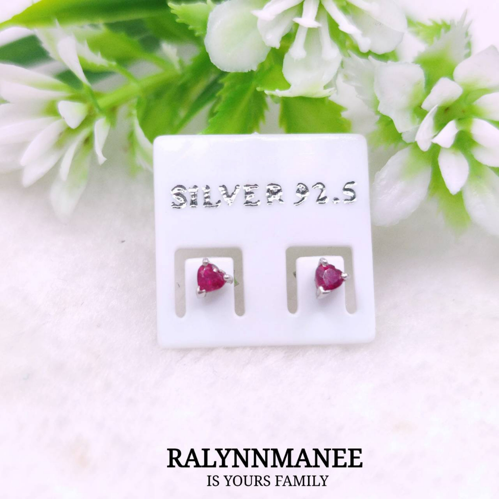 E6407 ต่างหูรูปหัวใจ พลอยทับทิมแท้  ( Natural Ruby ) แบบก้านเสียบ ตัวเรือนเงินแท้ 925 ชุบทองคำขาว