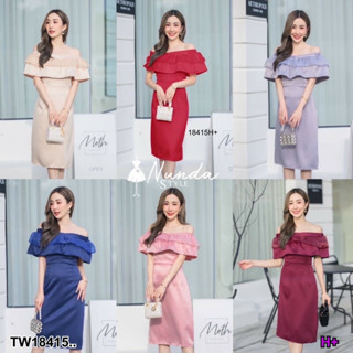 MM18415 เดรสเปิดไหล่ ระบาย 2 ชั้น .Off the shoulder dress, 2 layers of fringe..