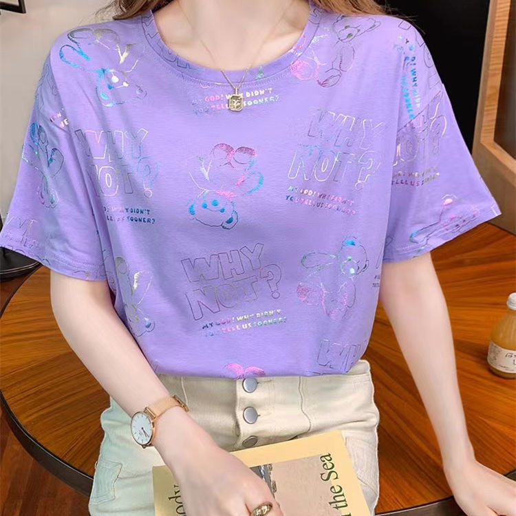 เสื้อยืดแขนสั้น เสื้อยืดแฟชั่นหญิง สไตล์เกาหลี ลายหมีรุ้ง ผ้ายืดใส่สบาย