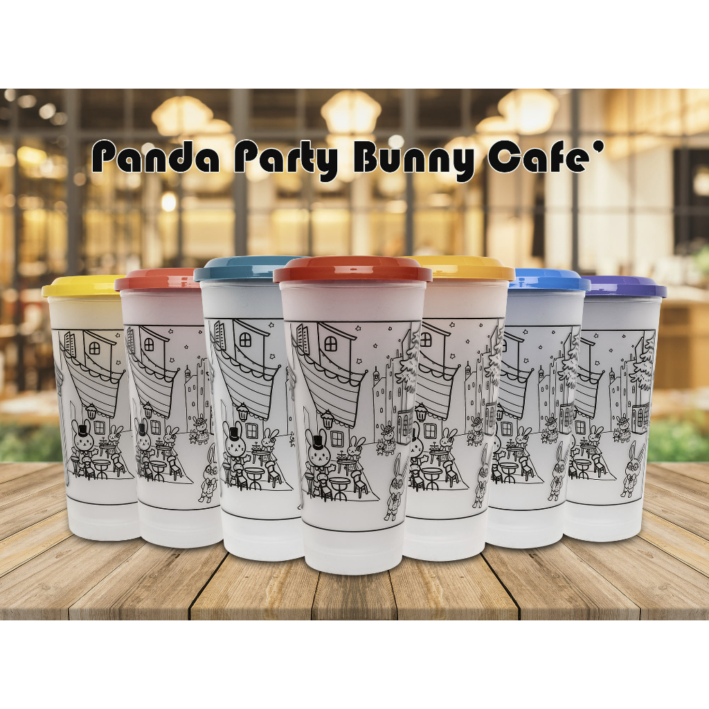(แพ็ค20ชิ้น)แก้ว 22 ออนซ์ Panda Party Bunny' Cafe + ฝา90มิล(แวนโก๊ะ)