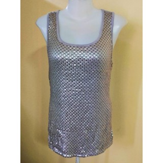 906: เสื้อกล้ามตัวยาวสีเทา ปักด้านหน้า เลื่อมสวย * มีขุยผ้าเล็กน้อย Size L อก40"