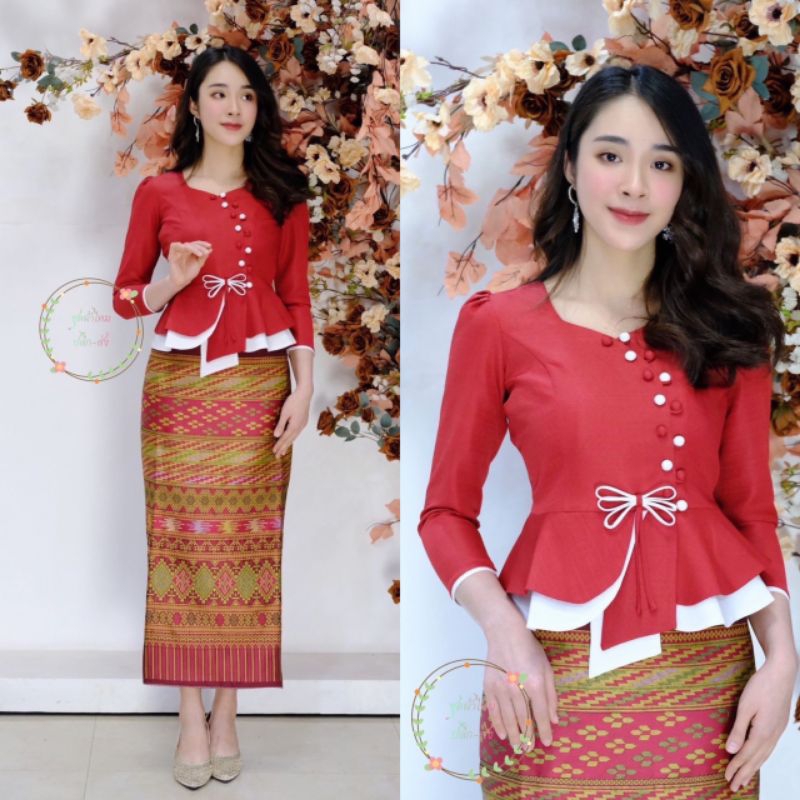 เสื้อผ้าไหม แต่งโบว์ ทูโทน อัดผ้ากาว