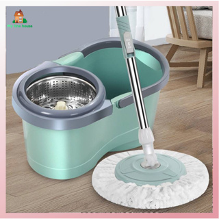 ชุดถังปั่นสแตนเลส + ไม้ถูพื้น Spin Mop พร้อมผ้าม๊อบไมโครไฟเบอร์ สปินม็อบ ถังถูพื้น ไม้ม็อบ