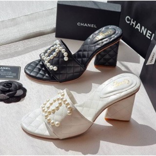 เช็คของก่อนสั่ง สูง 3.5 นิ้ว รองเท้าChanel ส้นสูงทรงสวม รองเท้าส้นสามเหลี่ยม