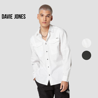 DAVIE JONES เสื้อเชิ้ต ผู้ชาย แขนยาว สีขาว สีเทา Long Sleeve Shirt in white grey SH0101WH GY